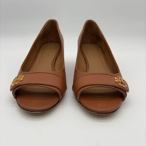 Tory Burch Kira Tan Leather Open Toe Wedge Heels